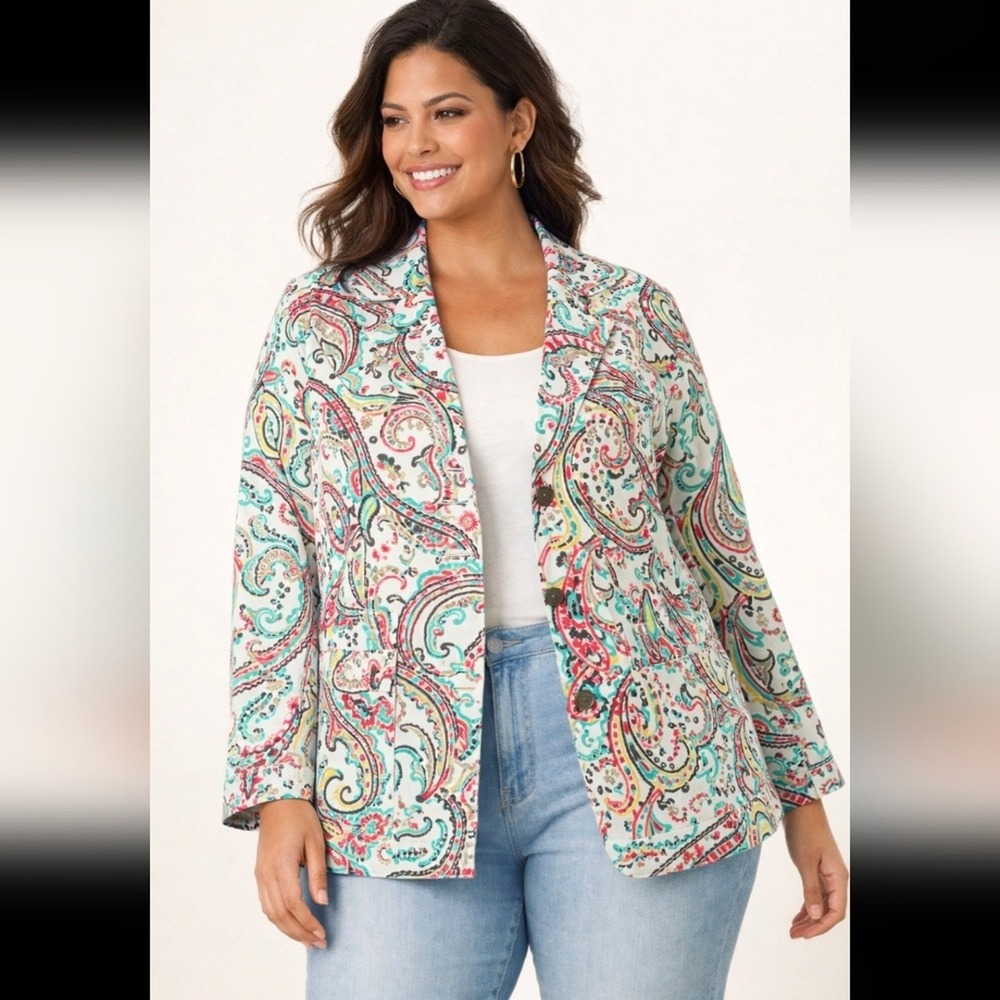 Jessica London White Multi Paisley Jean Jacket 14W